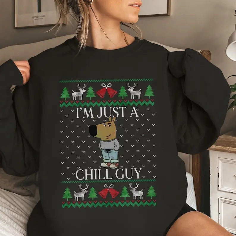 Just Chilling On Christmas Ugly Christmas Sweater Sweatshirt, Chill Guy Christmas Shirt, Funny Dog Cartoon Shirt, Tiktok...