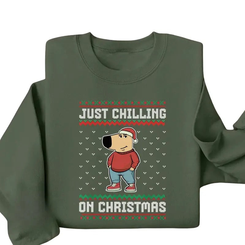 Just Chilling On Christmas Ugly Christmas Sweatshirt - Chill Guy Christmas Shirt - Funny Dog Cartoon Shirt - Tiktok Meme