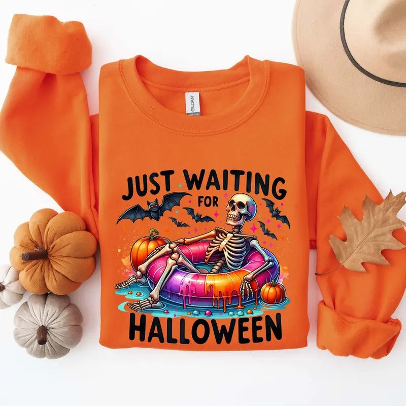 Just Waiting For Halloween, Funny Halloween Sweatshirt, Halloween Skull Sweatshirt, Halloween Summer Shirt, Halloween...