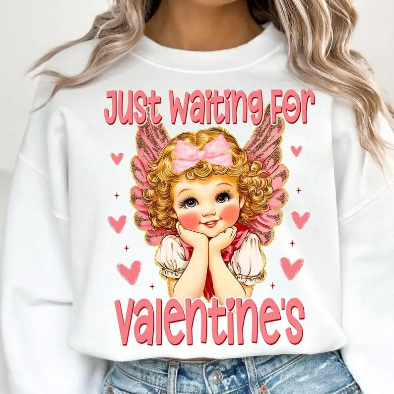 Just Waiting For Valentines Sweatshirt, Valentines Day Sweatshirt, Retro Valentine Sweatshirt, Cupid Sweatshirt,...