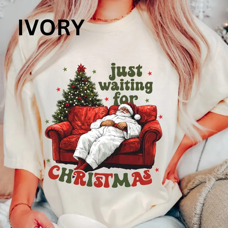 Just Waiting for Christmas Shirt~ Unisex Apparel Relaxed Fit Printed In The USA Clothing Womenswear Casual Comfort Cotton...