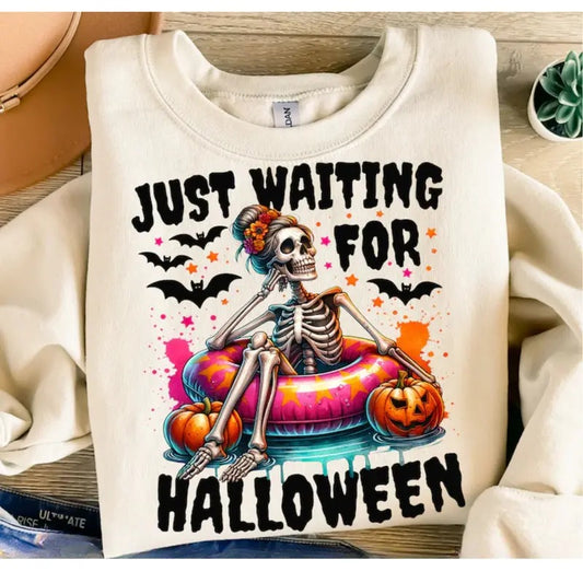 Just Waiting for Halloween, Funny Halloween T-Shirt DRG, Spooky Summer Halloween Sublimation Sweatshirt DRG, Skeleton...