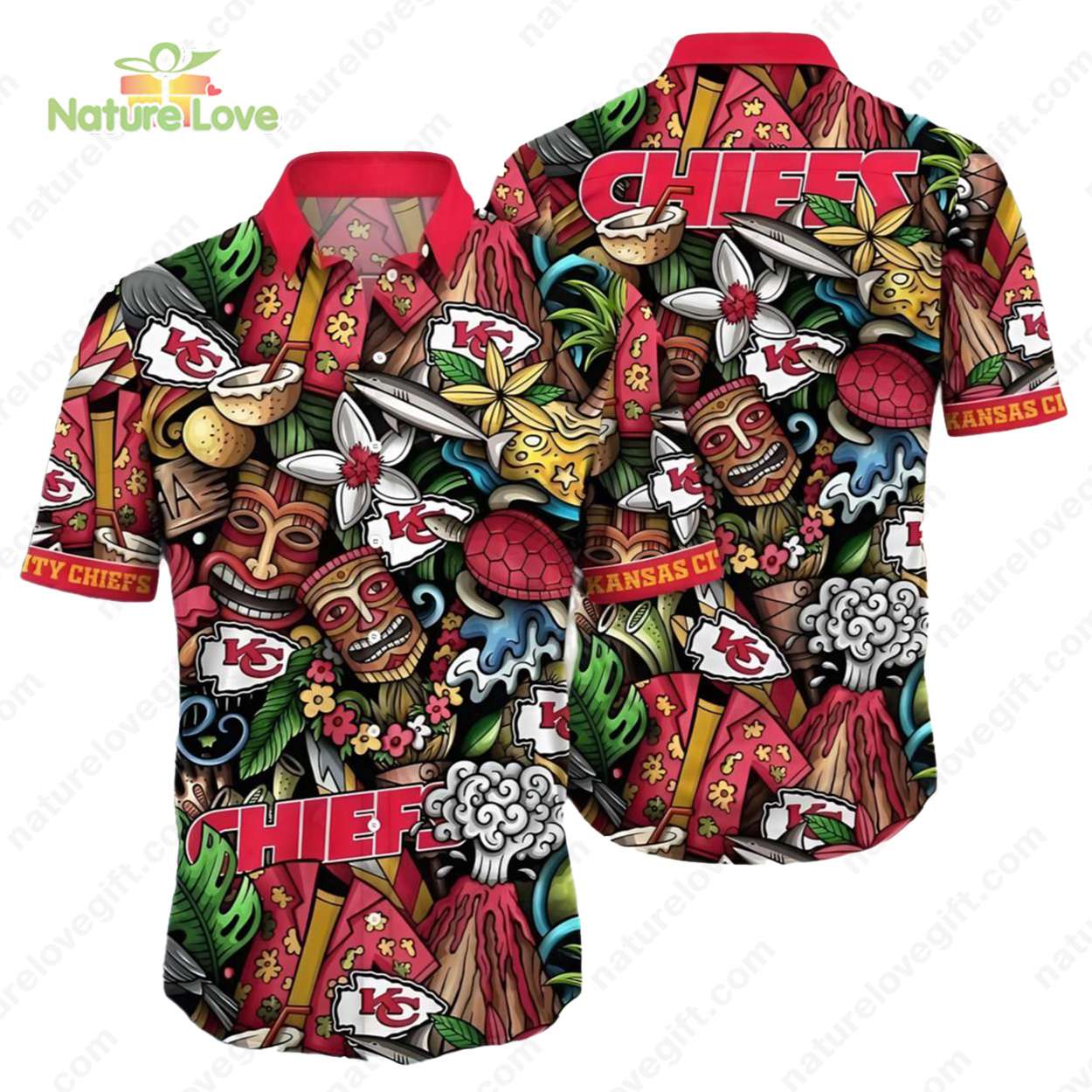 Kansas City Chiefs Tiki Icons Button Up Hawaiian Shirt