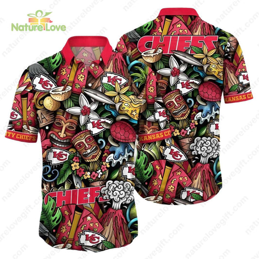Kansas City Chiefs Tiki Icons Button Up Hawaiian Shirt