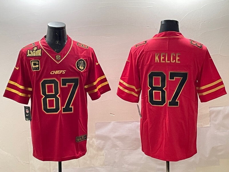 Kansas City Chiefs #87 Travis Kelce Chiefs Red Gold Text Style 3