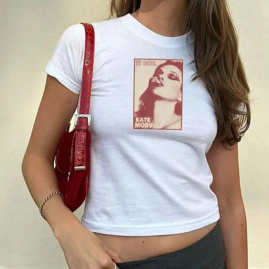 Kate Moss Baby Tee, 90s Grunge Baby Tee, Vintage Style Tee Cotton Fashion Hoodie, Sweatshirt | InkThreadWorks.com