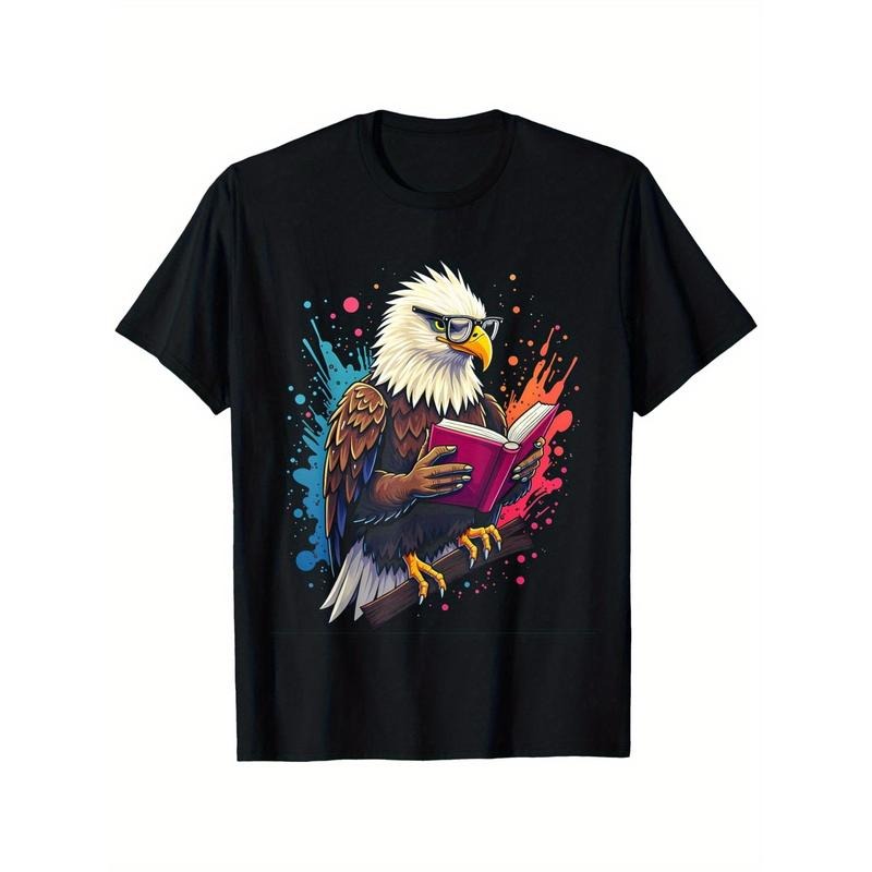 Kawaii Eagle Bookworm T-Shirt, 100% Cotton Crew Neck Casual Printed Tee, All-Season Comfortable Breathable Fabric, Unisex...