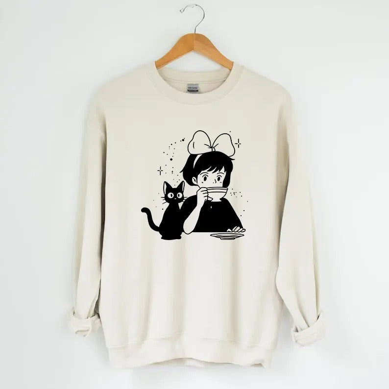 Kiki's Delivery Service Sweatshirt, Jiji Sweatshirt, Studio Ghibli Sweatshirt, Hayao Miyazaki, Anime Fanstyle{n002}3...