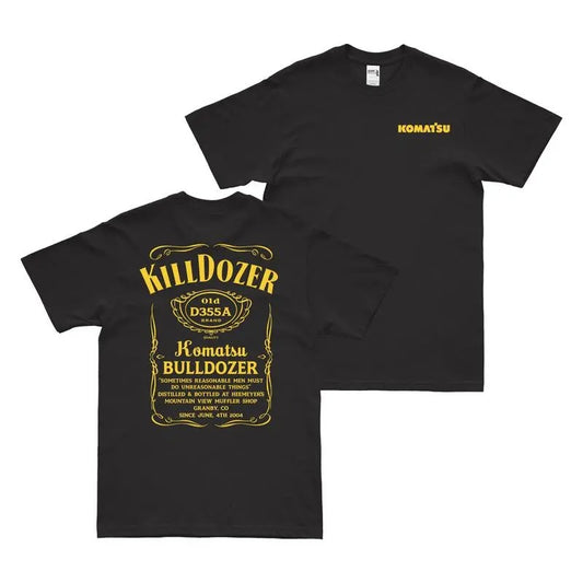 Komatsu Killdozer Whiskey Label T-Shirt - Vintage Heeymeyer's Mountain View Muffler Shop Black Unisex Crewneck Shortsleeve Tee with Graphic Design