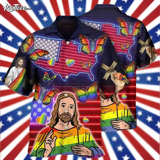 LGBT Independence Day Jesus Butterfly Neon Hawaiian Shirt