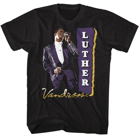 Luther Vandross - Purple Suit - American Classics - Solid Black Adult Short Sleeve T-Shirt