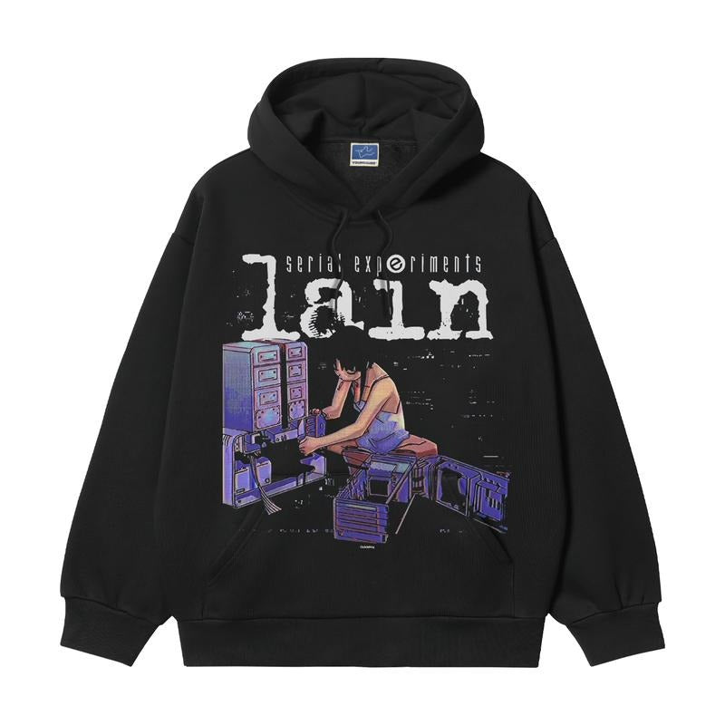Lain "Organization" Heavyweight Vintage Hoodie Cotton Blend Classic Anime Sweatshirt Menswear Tops Pullover Long Sleeve Casual Biker Black
