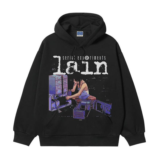 Lain "Organization" Heavyweight Vintage Hoodie Cotton Blend Classic Anime Sweatshirt Menswear Tops Pullover Long Sleeve Casual Biker Black