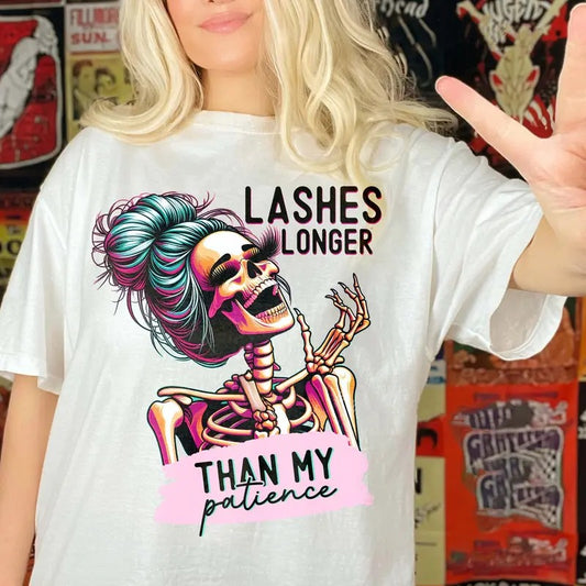 Lashes Longer Than My Patience Shirt, Funny Skeleton Girl Shirt, Funny Saying Tee, Funny Quote Tee, Skeleton Girl, Unisex Short Sleeve Tee Shirt, Casual Clothing