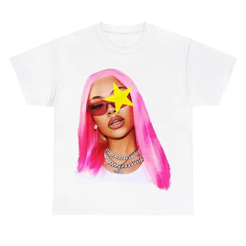 Latto pink hair yellow star shirt Cotton Fabric Hoodie, Sweatshirt | InkThreadWorks.com