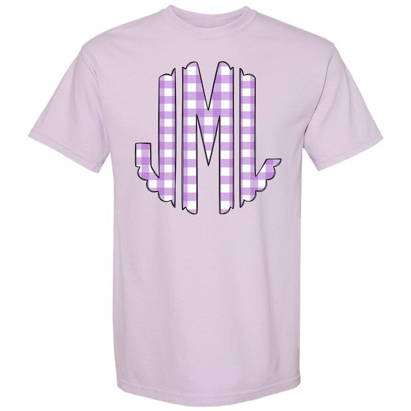 Lavender Gingham Monogram Comfort Colors T-Shirt 'NLB' Hoodie, Sweatshirt | InkThreadWorks.com