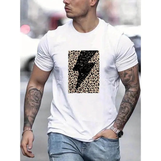 Leopard Print Graphic Tee - Comfortable Slightly Stretch, Stylish Graphic Design, Perfect for Mens Summer Wardrobe, Casual Outfits - Unique Lightning Pattern Print, Exclusively Designed for Men Made in USA
