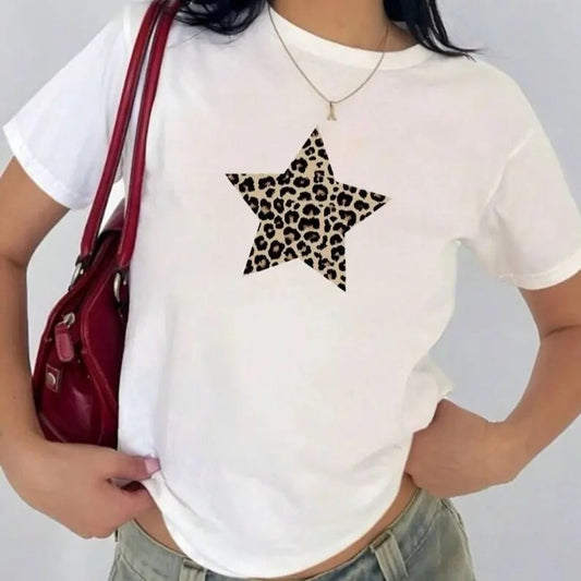 Leopard print star baby tee, animal print babytee, trendy y2k Collar Cotton Hoodie, Sweatshirt | InkThreadWorks.com