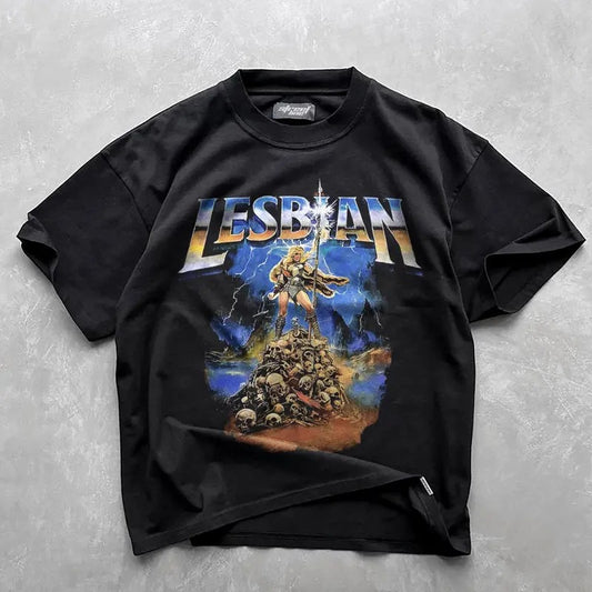 Lesbian Warrior Dark Fantasy T-Shirt, Graphic Shirt, Retro Funny Cat Shirt, LGBT Vintage Shirt, Funny Lesbian Gifts, Funny Meme T-shirt