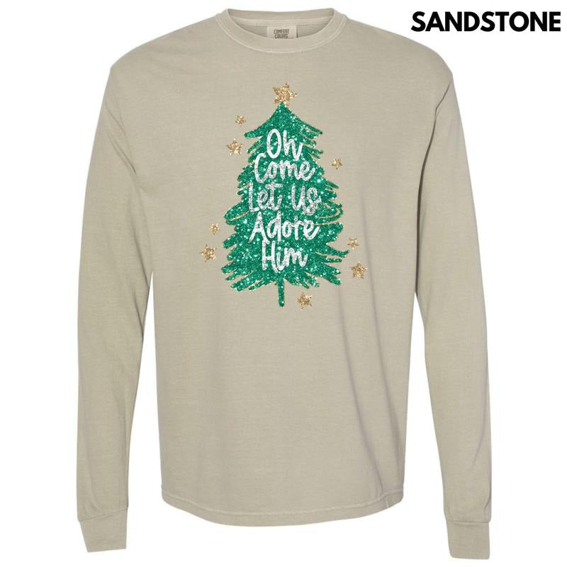 Let Us Adore Him Tree Long Sleeve Comfort Colors T-Shirt 'NLB' Hoodie, Sweatshirt | InkThreadWorks.com