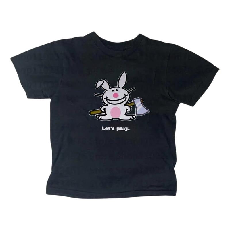 Let's Play Happy Bunny Baby Tee, Gothic Emo Girl Top, Scene Clothing 2000s, Y2k Top Women Streetwear, Casual Cotton Short...