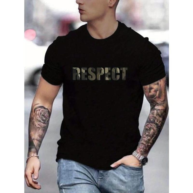 Letter RESPECT Pattern Print Men's T-shirt, Graphic Tee Men's Summer Clothes, Men's Outfits Made In USA