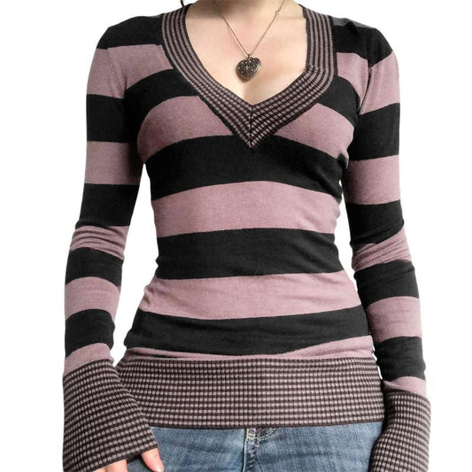 Women Trendy Knitted Tops, Knit Striped V-Neck Long Sleeve Ribbed Cuffs Knitwear for Females, Brown/Light Coffee Casual...