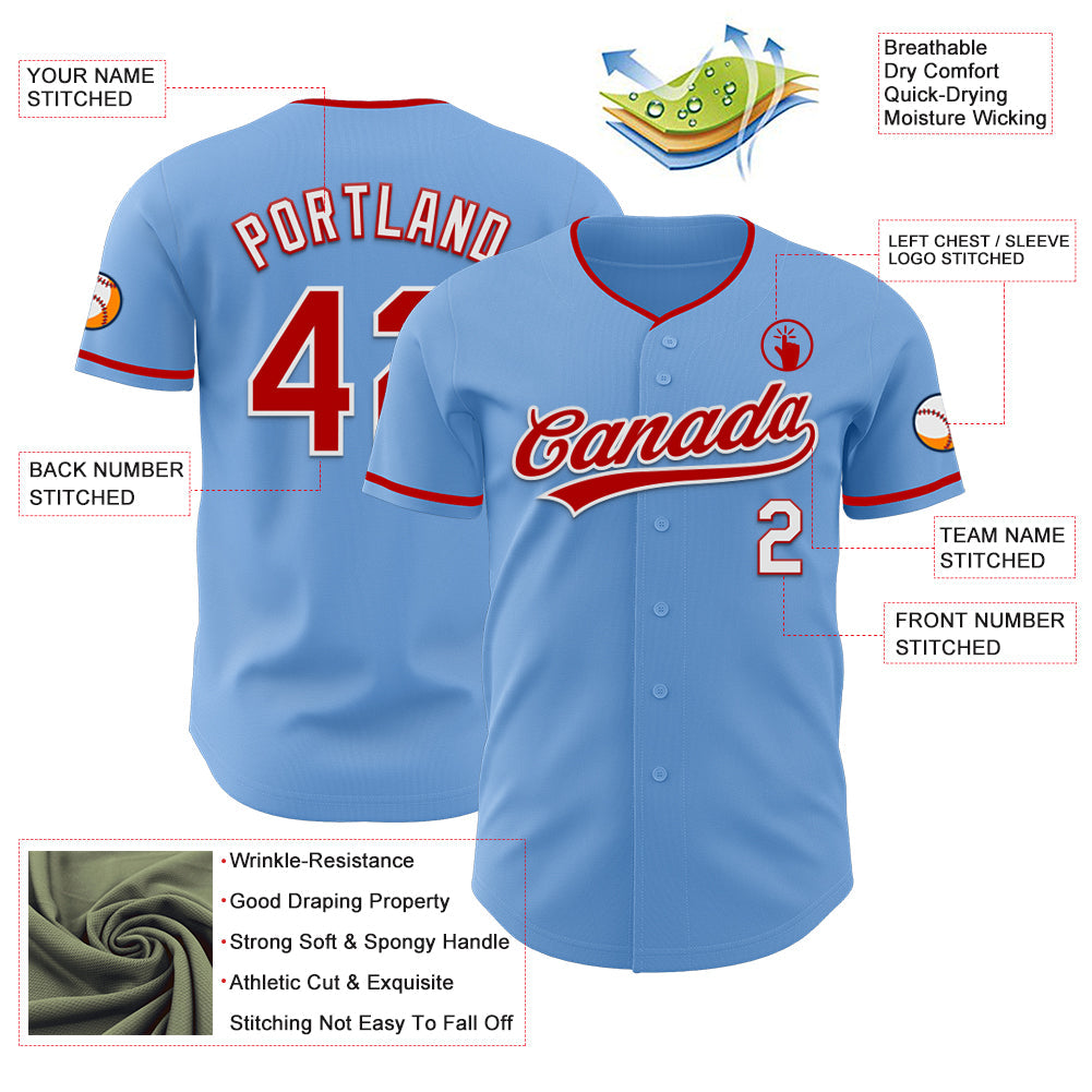 Custom Light Blue Red-White Authentic Baseball Jersey