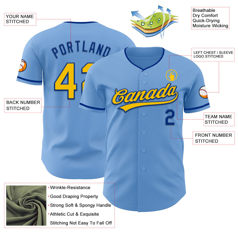Custom Light Blue Yellow-Royal Authentic Baseball Jersey