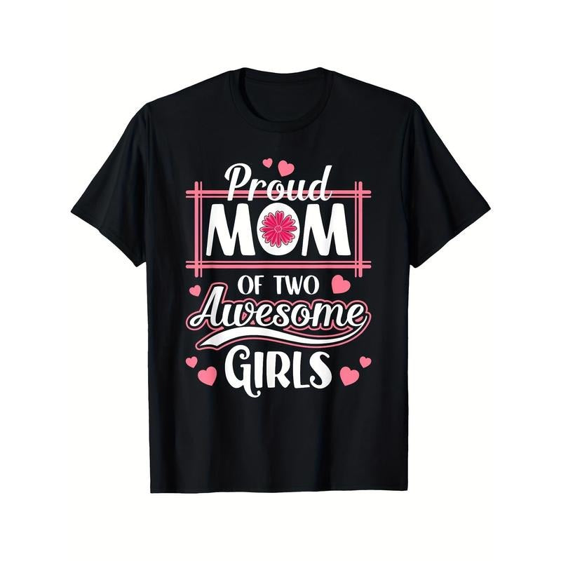 [Lightweight Design] Proud Mom of Two Awesome Girls - Men's Graphic T-Shirt, 100% Cotton, Casual Crew Neck, Machine Washable, All-Season Comfort, Black with Pink Floral & Heart Design Made in USA