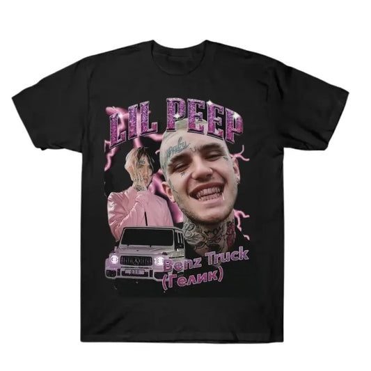 Lil Peep Graphic T-Shirt Featuring Benz Truck with Bold Portrait Design T-Shirt, Sweatshirt, Hoodie Gift For Women Top Womenswear Underwear Humen Lady Streetwear