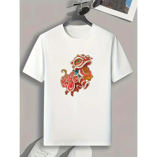 Lion Dance Print, Men's Graphic T-shirt, Casual Comfy Tees For Summer, Mens Clothing Made in USA