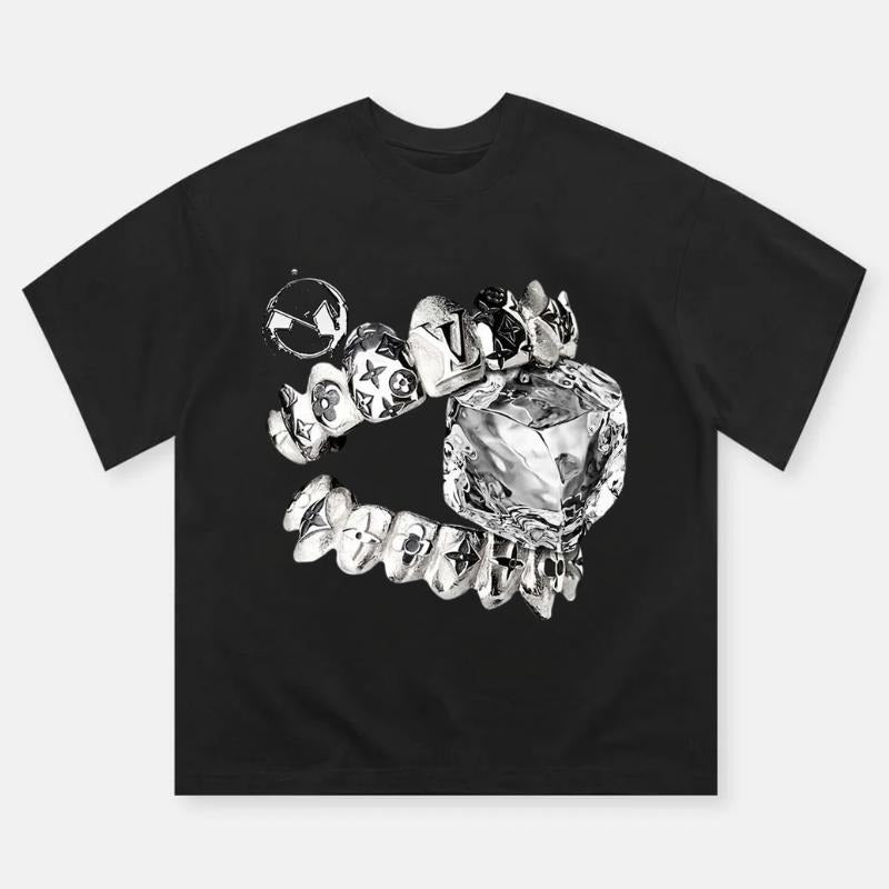 Liquid Metal Teeth and Ice Cube Art Print T-shirt, Vintage Graphic Tee, Y2k Clothing, Unisex Cotton Crewneck T-Shirt - Medium, Short Sleeve, Casual Streetwear Printed Tee