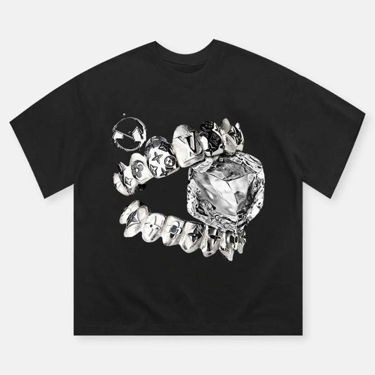 Liquid Metal Teeth and Ice Cube Art Print T-shirt, Vintage Graphic Tee, Y2k Clothing, Unisex Cotton Crewneck T-Shirt - Medium, Short Sleeve, Casual Streetwear Printed Tee