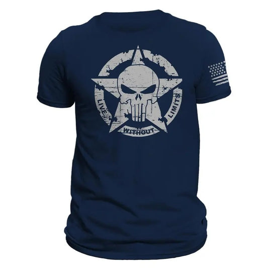 Live Without Limits US Skull Distressed Design With Flag on Sleeve Men's T-Shirt Hoodie, Sweatshirt | InkThreadWorks.com