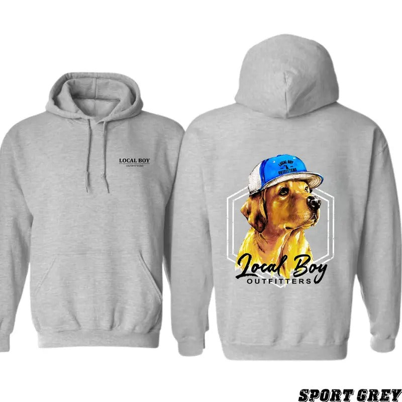 Local Boy Hat Dog Hoodie - Outdoorsman Style Graphic Sweatshirt, Rustic Hunting Pullover, Country Adventure Hoodie for Men and Women