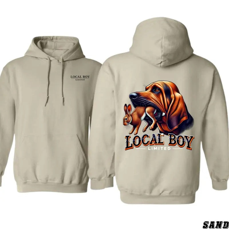 Local Boy Hunting Hound Hoodie, Rabbit Tracker Graphic Hoodie, Outdoor Adventure Menswear, Country Style Graphic