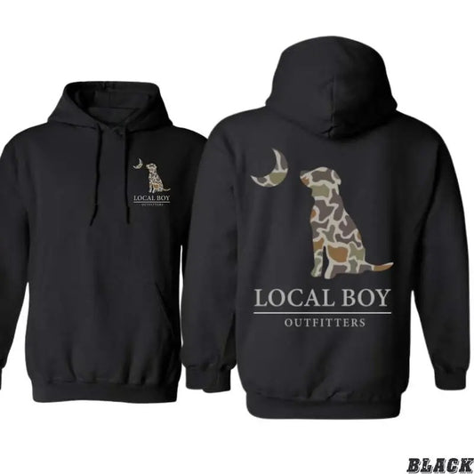 Local Boy Outfitters Camo Dog Hoodie - Tshirt- Sweatshirt, Classic Outdoor Design Perfect for Hunting and Nature, Hoodie For Men, For Women