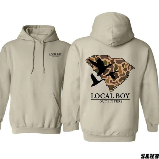 Local Boy Outfitters Camo Hoodie - Bold Camouflage and Flying Birds Design for Outdoor Enthusiasts 2 Sided Graphic Unisex Hoodie, Full Color Hoodie, For Men, For Women