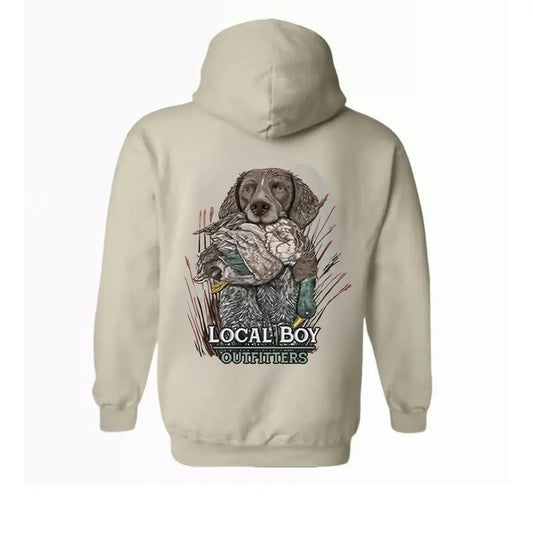 Local Boy Outfitters Hoodie - Bold Hunting Dog with Duck Design, Ideal for Waterfowl Hunters and Outdoor Enthusiasts,...