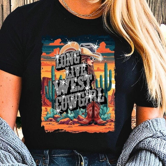 Long Live West Cowgirl Rhinestone and Graphic T-Shirt, Western Country Graphic Tee, Country Concert Shirt, Western Bling Tee