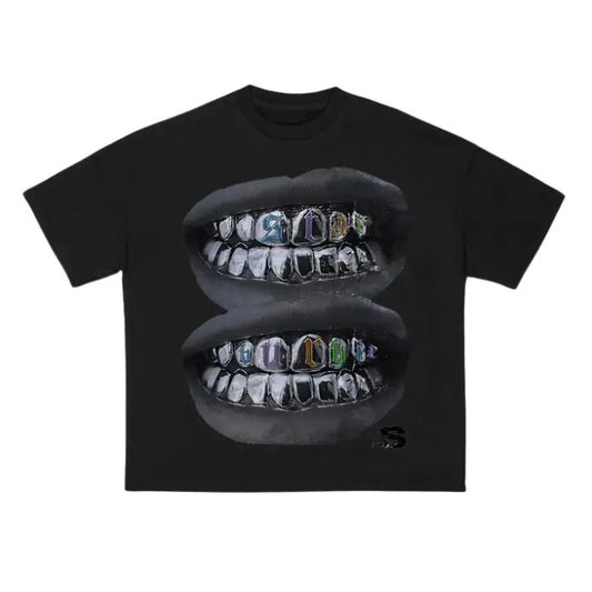 Loose Lip Print Graphic Cotton T-Shirt, Grillz Tshirt, Sweatshirt, Hoodie Gift For Women Top Womenswear Underwear Humen Streetwear Summer Casual Round Neck Crewneck Shortsleeve