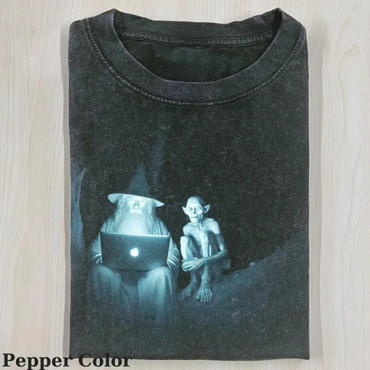 Lord of the Rings Vintage Tee, Gollum and Gandalf on MacBook T-Shirt, Meme Cringe Funny Dumb Shirts, Unisex Movie Shirt Menswear Womenswear Streetwear