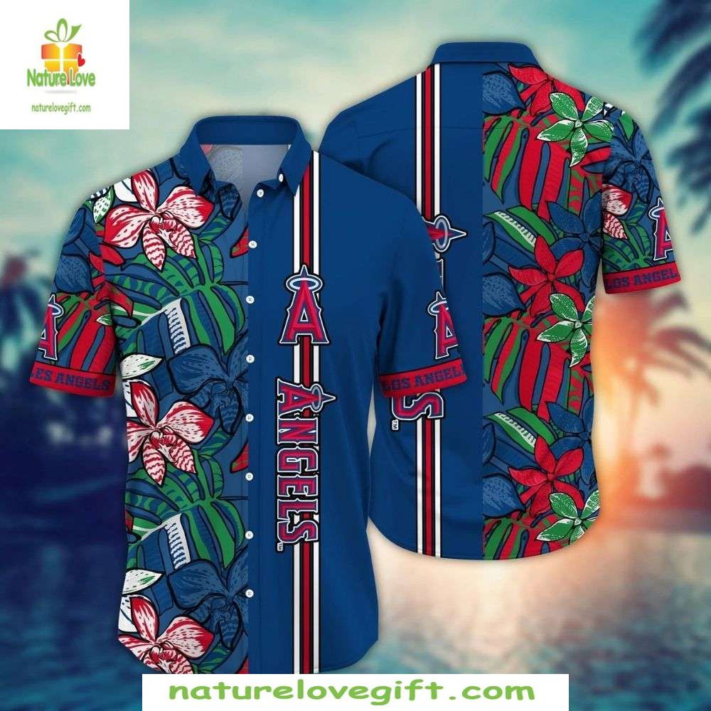 Los Angeles Angels MLB Hawaiian Shirt Tropical Flora Striped Aloha Baseball