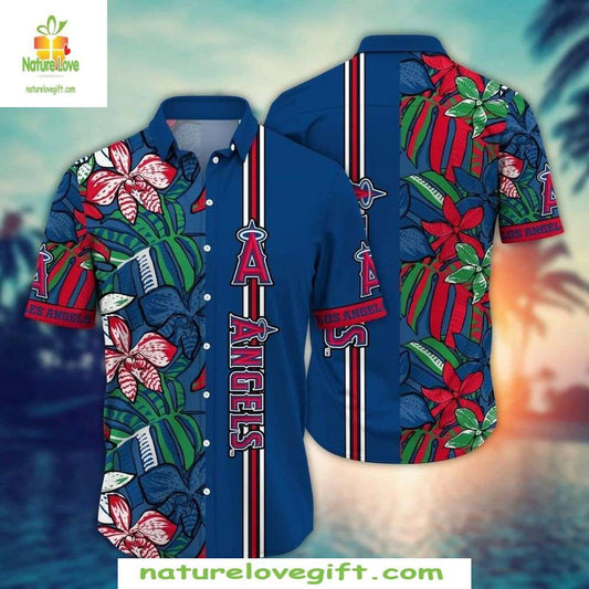 Los Angeles Angels MLB Hawaiian Shirt Tropical Flora Striped Aloha Baseball