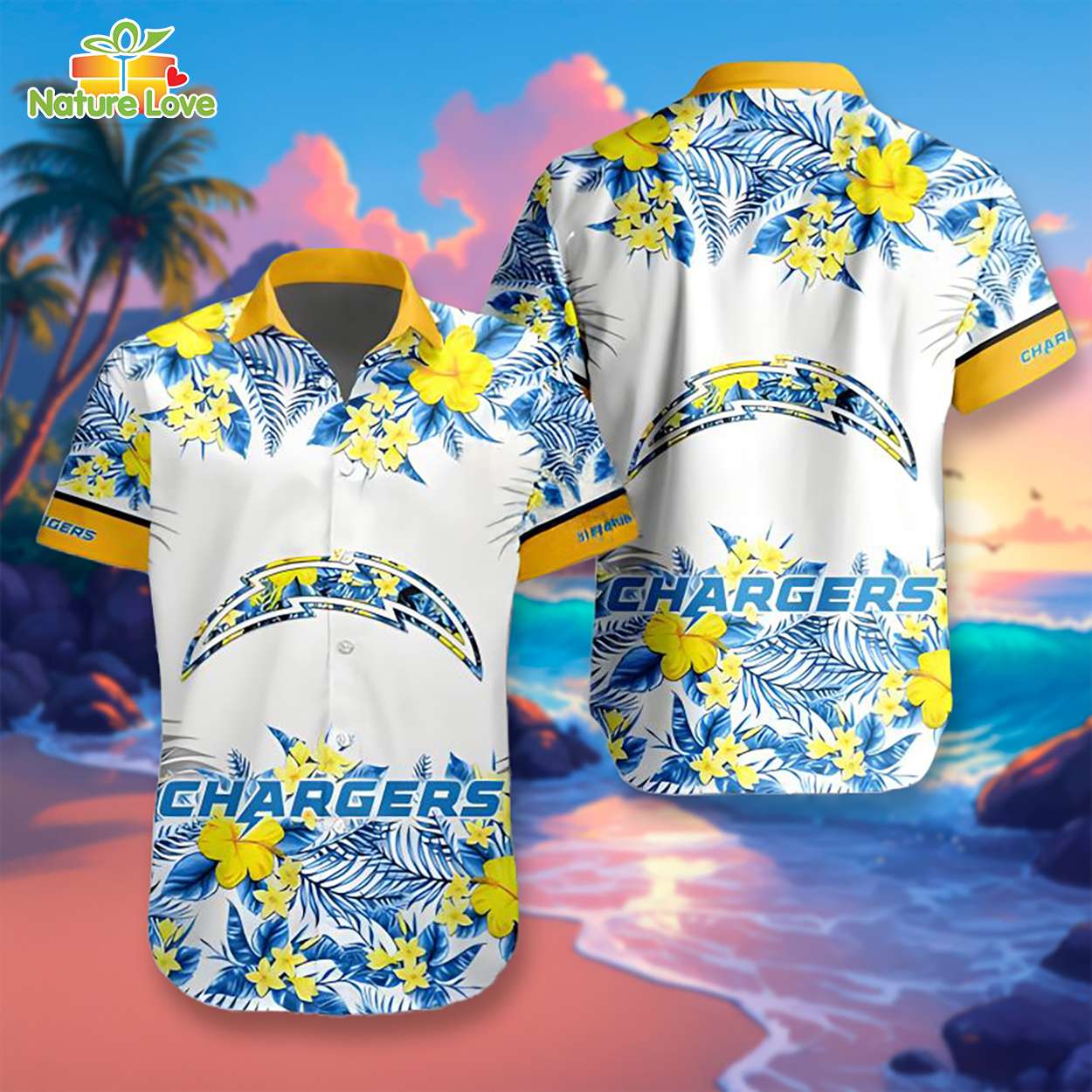 Los Angeles Chargers Logo Tropical Flower Hibiscus Hawaiian Shirt