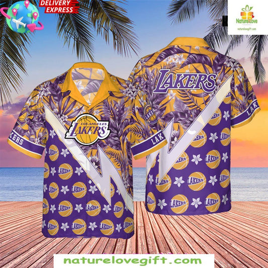 Los Angeles Lakers Hawaiian Shirt Tropical Basketball Design