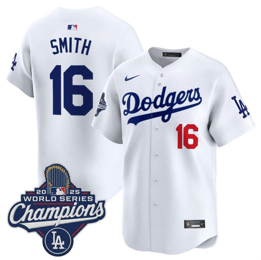 Los Angeles Dodgers #16 Will Smith White 2025 World Series Champions Patch Home