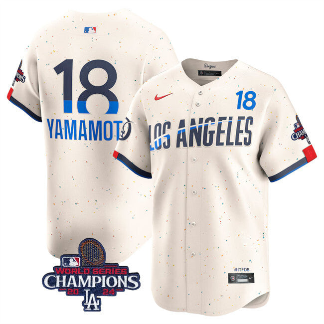 Los Angeles Dodgers #18 Yoshinobu Yamamoto Cream 2024 World Series Champions