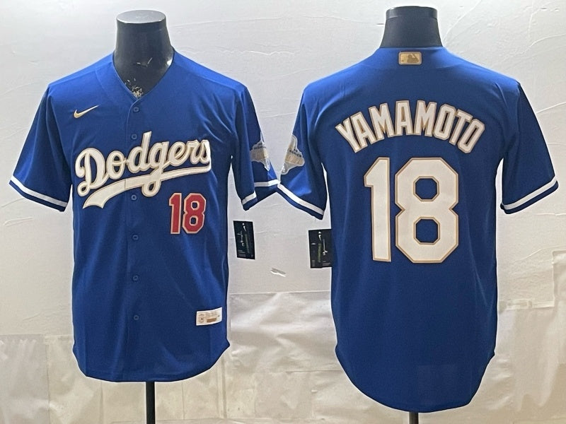 Los Angeles Dodgers #18 Yoshinobu Yamamoto Dodgers Blue Gold V2